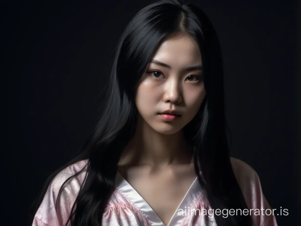 raw and bold photo of a very beautiful young woman, long black hair, Japanese, wearing nightgown, hyperrealism, 8K UHD, realistic skin texture, imperfect skin, shot with Canon EOS 5D Mark IV, highly detailed, masterpiece