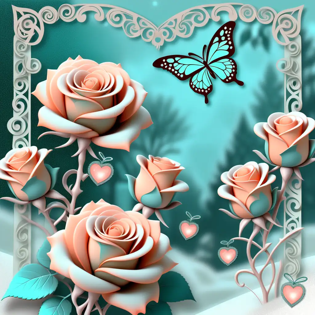 Enchanting Winter Roses with Teal Hearts and Filigree Butterfly