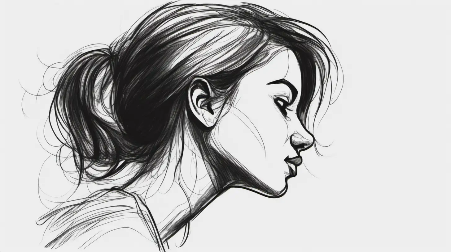 side angle profile view of a young womans face in a black and white sketch style