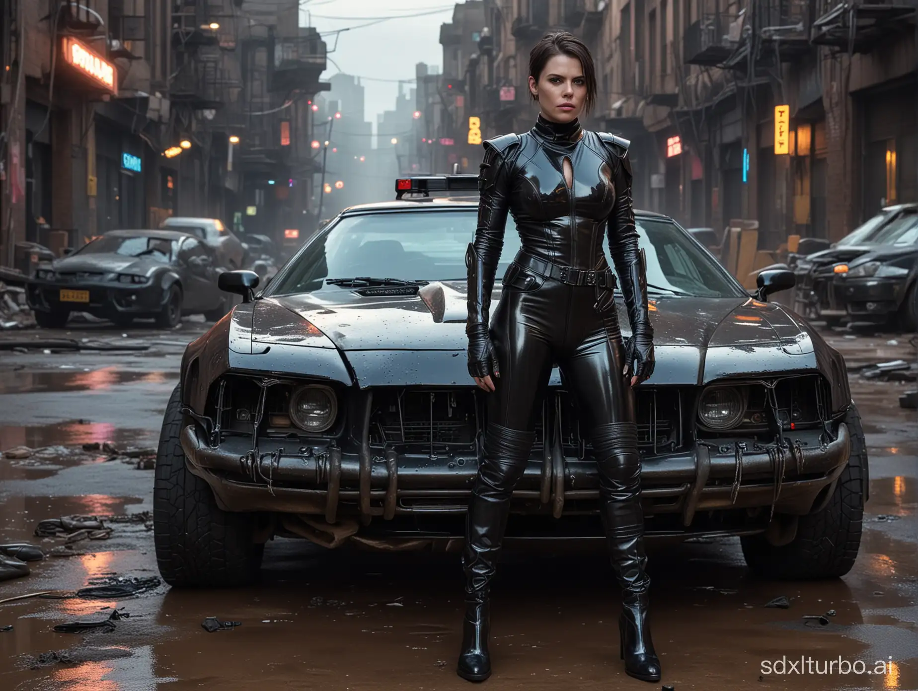 realistic hd photo , cyberpunk police clea duvall standing , wearing black low-cut shinny pvc catsuit , wearing long shiny pvc gloves , wearing shinny pvc thigh high boots , in cyberpunk destroyed city with mad max car , inlighted by neons ,