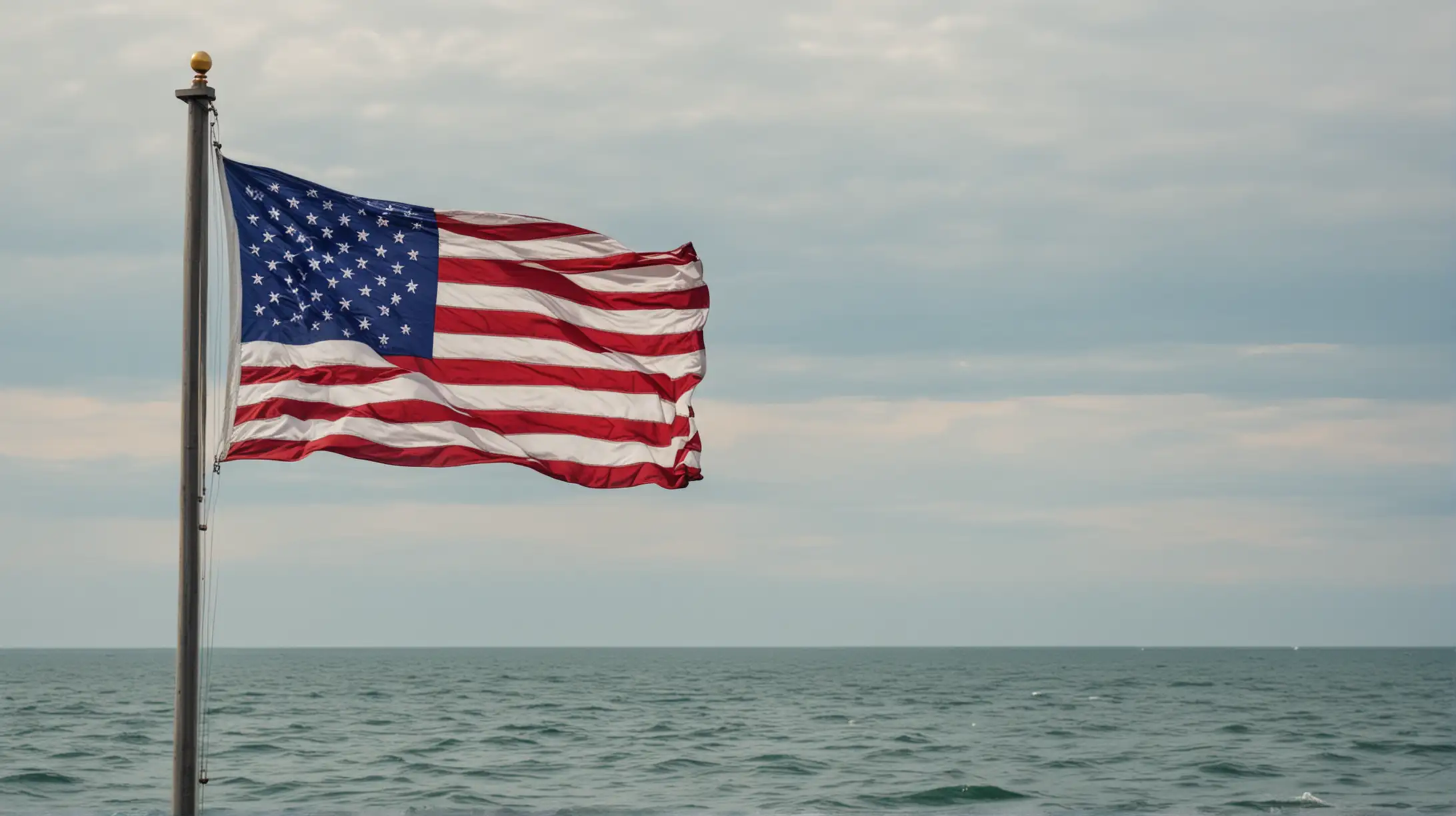create a photo quality image of the american flag flying over the lake michigan