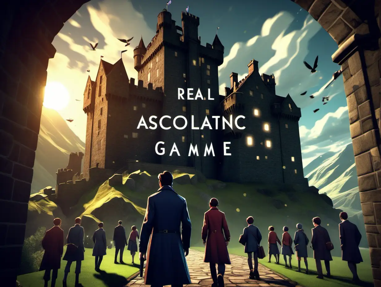 Poster for a video game that features a detective who enters a gigantic castle in Scotland while investigating a crime. There he meets scolars from all spheres of accademic studies. The objective is to talk to the characters and follow the leads they give you to solve the case. But the game has a scholastic value for you acquire real world knowledge from the materials you study inside the game. It is used by schools to make learning fun. 