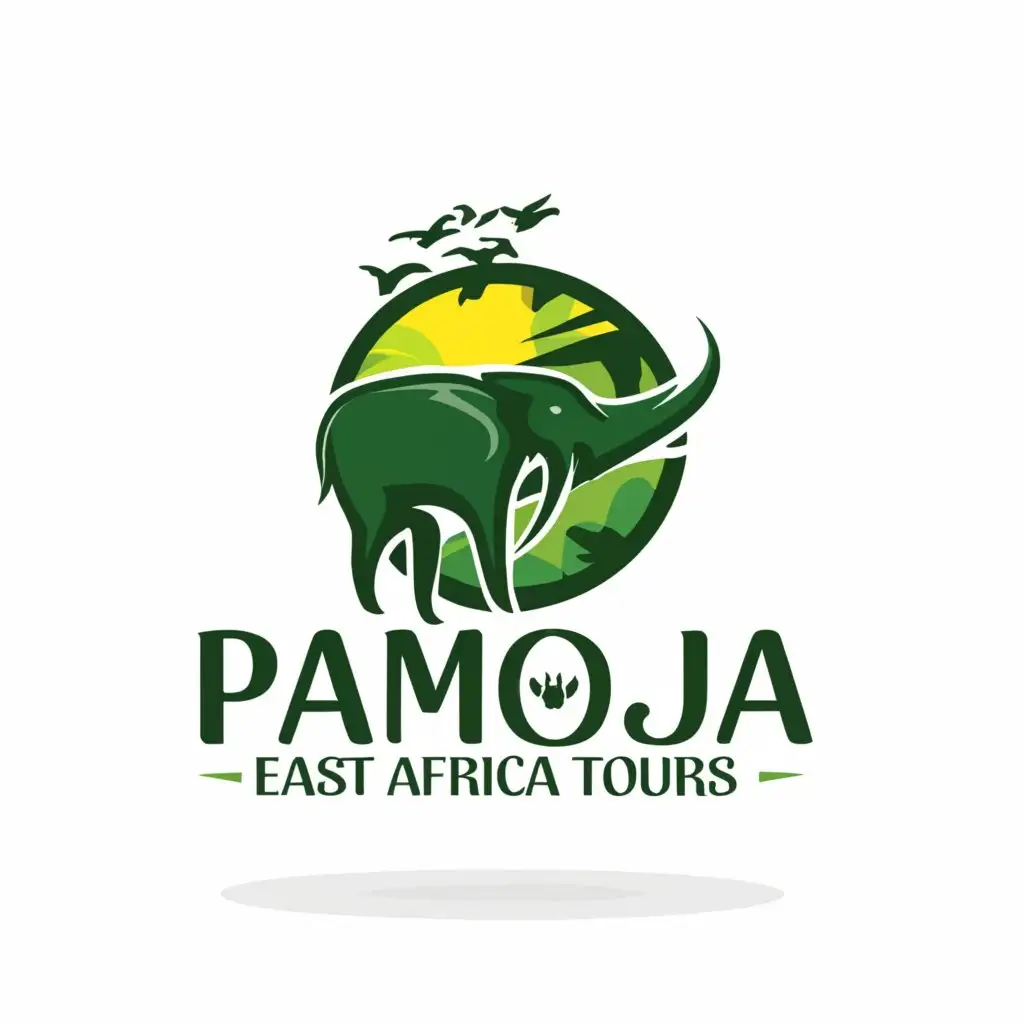 a logo design, with the text 'PAMOJA EAST AFRICA TOURS', main symbol: wildlife, green, black and yellow, moderate, to be used in the travel industry, with clear background