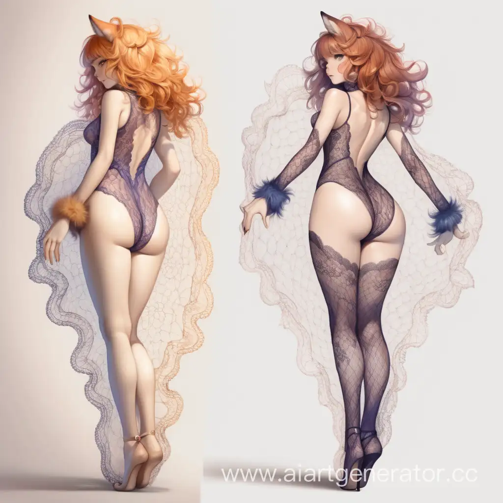 Dynamic color sketch furry figure-hugging pose in a lace fantasy bodysuit, with legs and butt