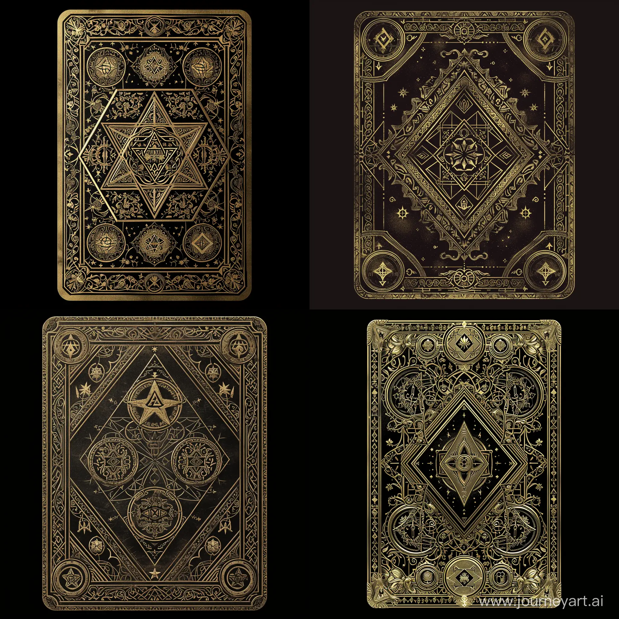 a playing card back that is detailed and ornate metallic object, possibly a book cover or a panel. It’s adorned with intricate designs and symbols. The object is rectangular with rounded corners and seems to be made of metal, featuring an elaborate embossed design. The dark background with golden designs creates a stark contrast.  The design includes various geometric shapes, such as circles and triangles. A prominent triangle in the center contains another inverted triangle inside it, both lined with intricate patterns. Four circular designs surround the central triangle, each enclosing different symbolic elements like stars or floral patterns. The entire piece is bordered by an ornate rectangular frame filled with detailed patterns, giving it an antique look--ar 530:1000