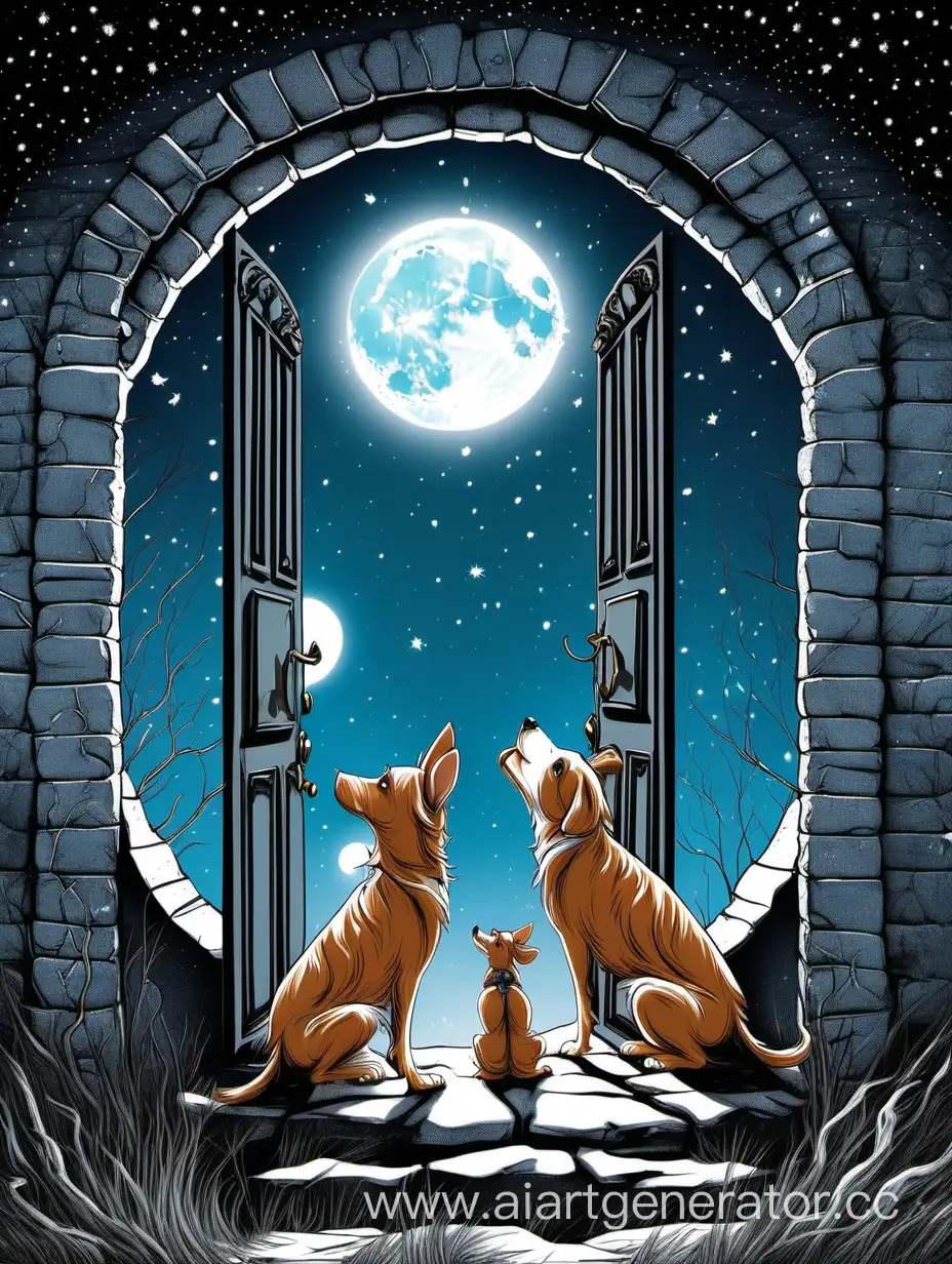 подростки-собаки на фоне луны с волшебной дверкой
