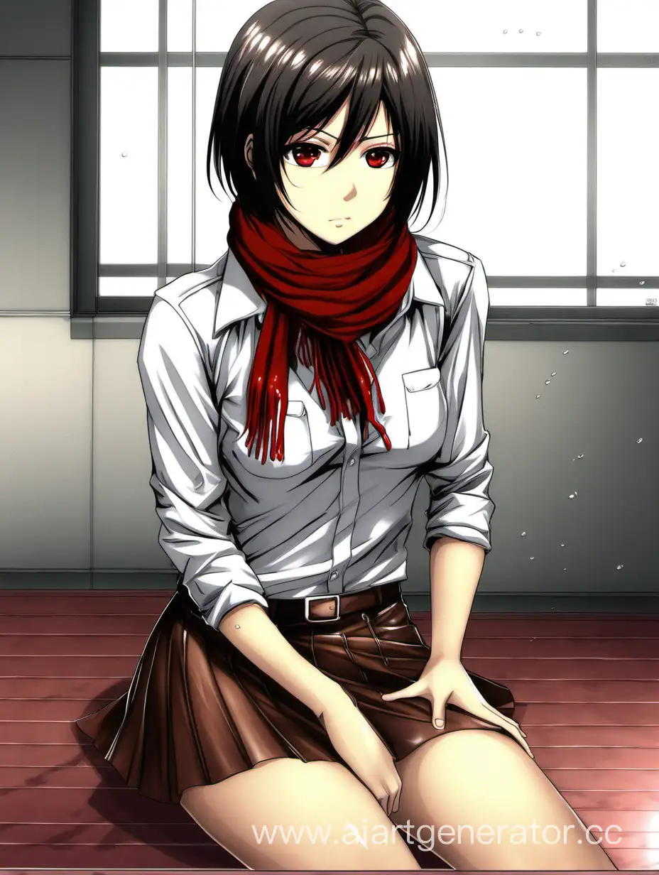 Mikasa-Sitting-on-Wet-Floor-in-Stylish-Leather-Attire-with-Red-Scarf