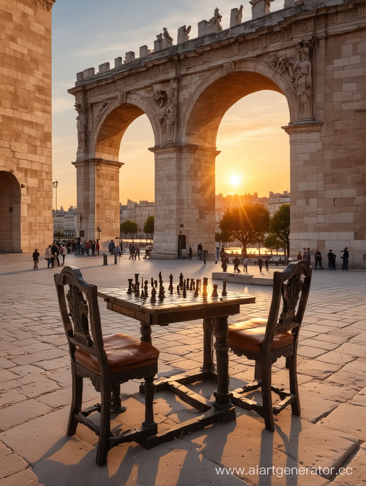 шахматный стол на закате в древней франции на площади возле трицмфальной арки