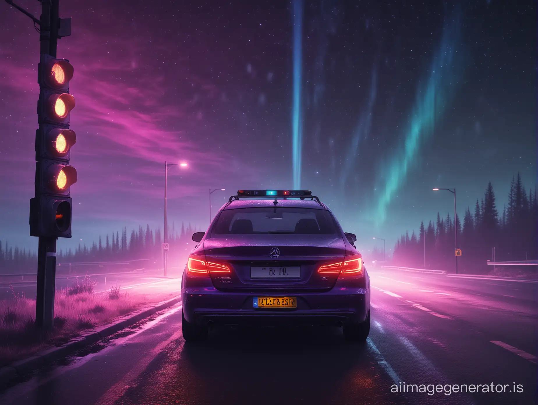 dark night with auroras, a car, (a traffic light with four modes colored in purple, orange, pink and blue), 8k,