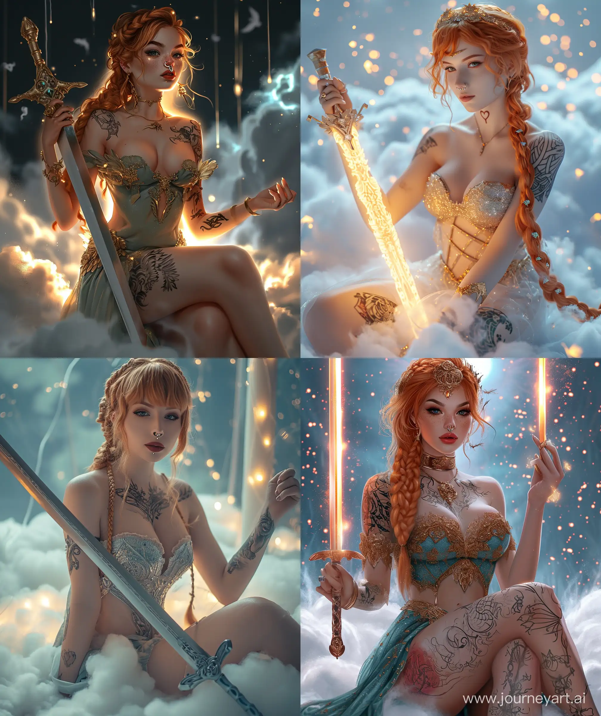 A beautiful anime woman, wearing asgardian Valkyrie dress, beautiful stylish hairstyle, braided hair, ginger colour, heavenly, Valhalla, holding sword, full body , sitting on clouds, lumination lighting, glossy body, tattoo body, nose pin, cute and mysterious look, --ar 27:32 --v 6