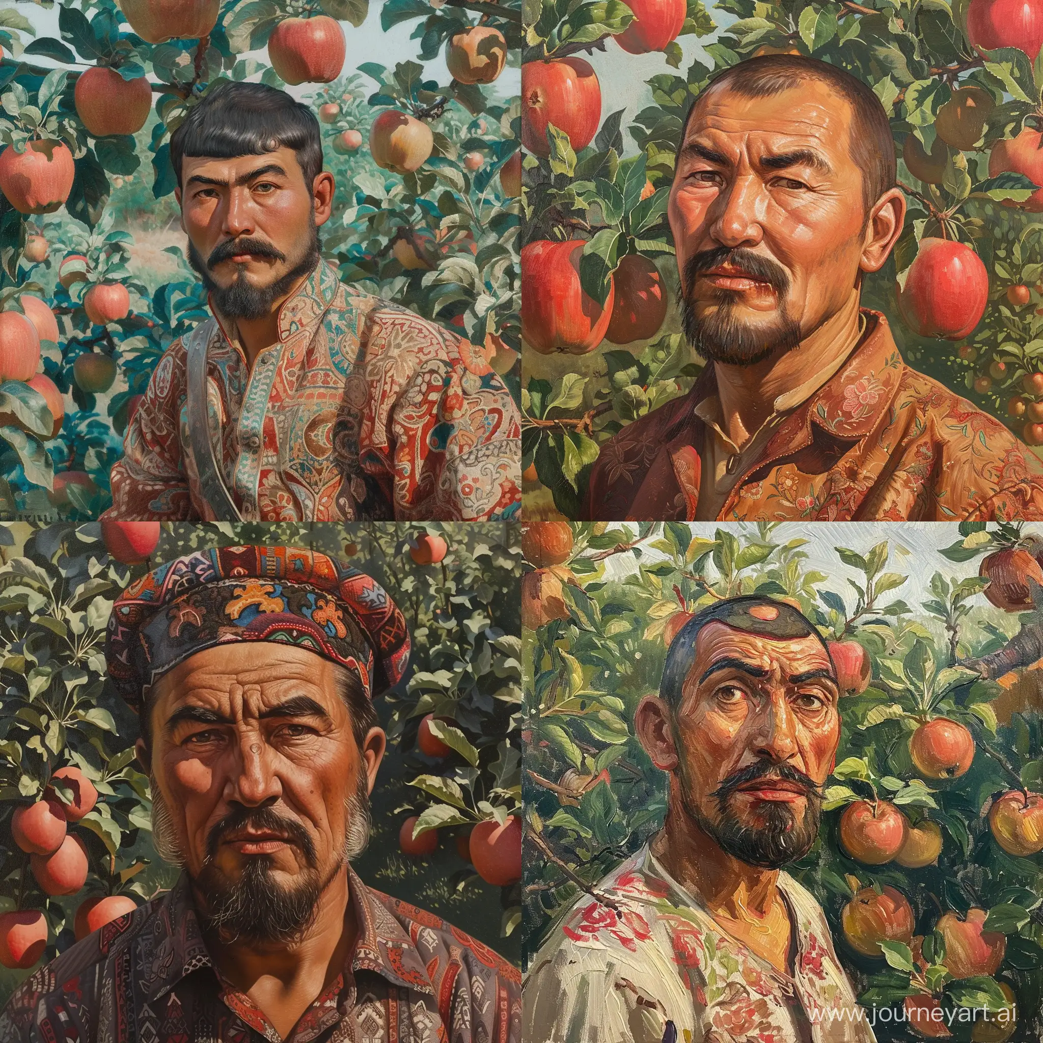 узбек, с монобровью, на фоне яблочного сада, высокое качество