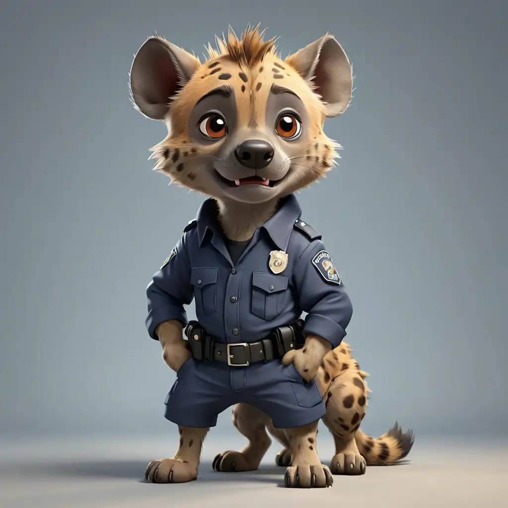an adorable cute  funny Hyena  in cartoon style in full body in Police clothes with clear background