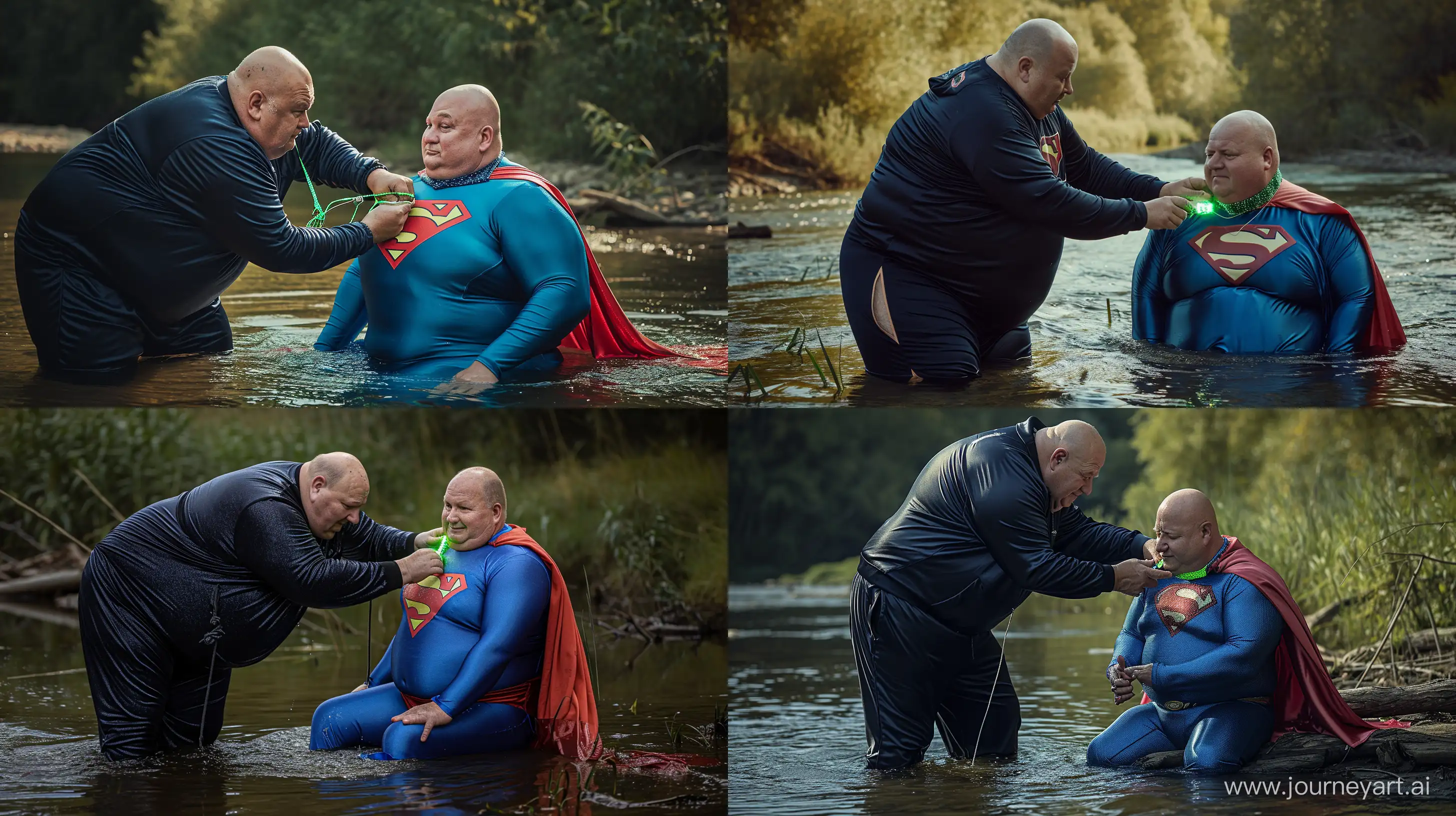 Portrait photo of a chubby man aged 60 wearing a silky black and navy blue tracksuit, bending and tightening a green glowing small short dog collar on the neck of another chubby man aged 60 sitting in the water and wearing a tight blue silky superman costume with a large red cape. River. Outside. Natural light. Bald. Clean Shaven. --style raw --ar 16:9 --v 6