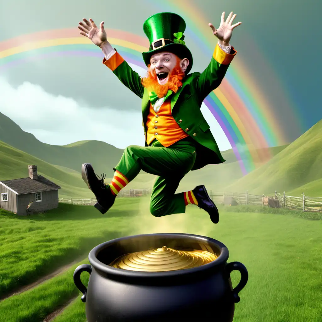 Leprechaun singing into a microphone as he leaps over a pot of gold.  There is a fields of green in the back with a rainbow. 