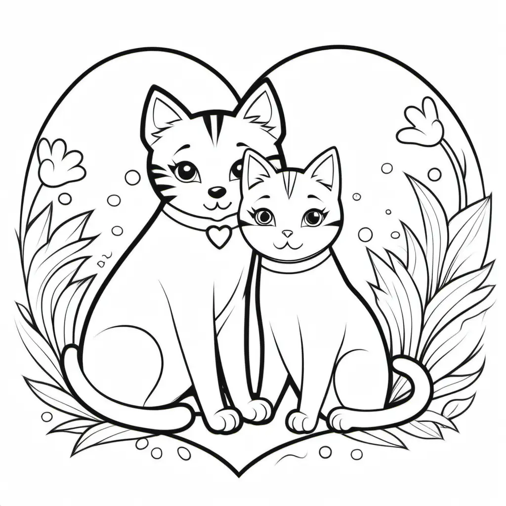 CAT DOG LOVE, Coloring Page, black and white, line art, white background, Simplicity, Ample White Space. The background of the coloring page is plain white to make it easy for young children to color within the lines. The outlines of all the subjects are easy to distinguish, making it simple for kids to color without too much difficulty