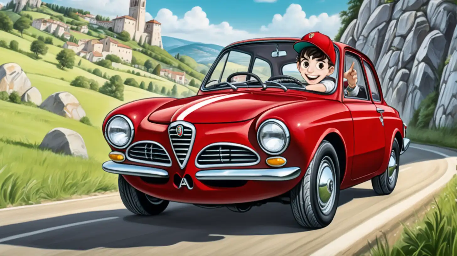 un ragazzo di diciotto anni, viso simpatico, occhi grandi, sorridente, cappello da baseball rosso, scarpe sportive, alla guida di una vecchia Alfa Romeo Giulietta con due porte, con grafica da cartone animato, che partecipa ad un rally con macchine da fiaba ambientato in un paesaggio  da fiaba, guida veloce, con un grande masso in mezzo alla strada