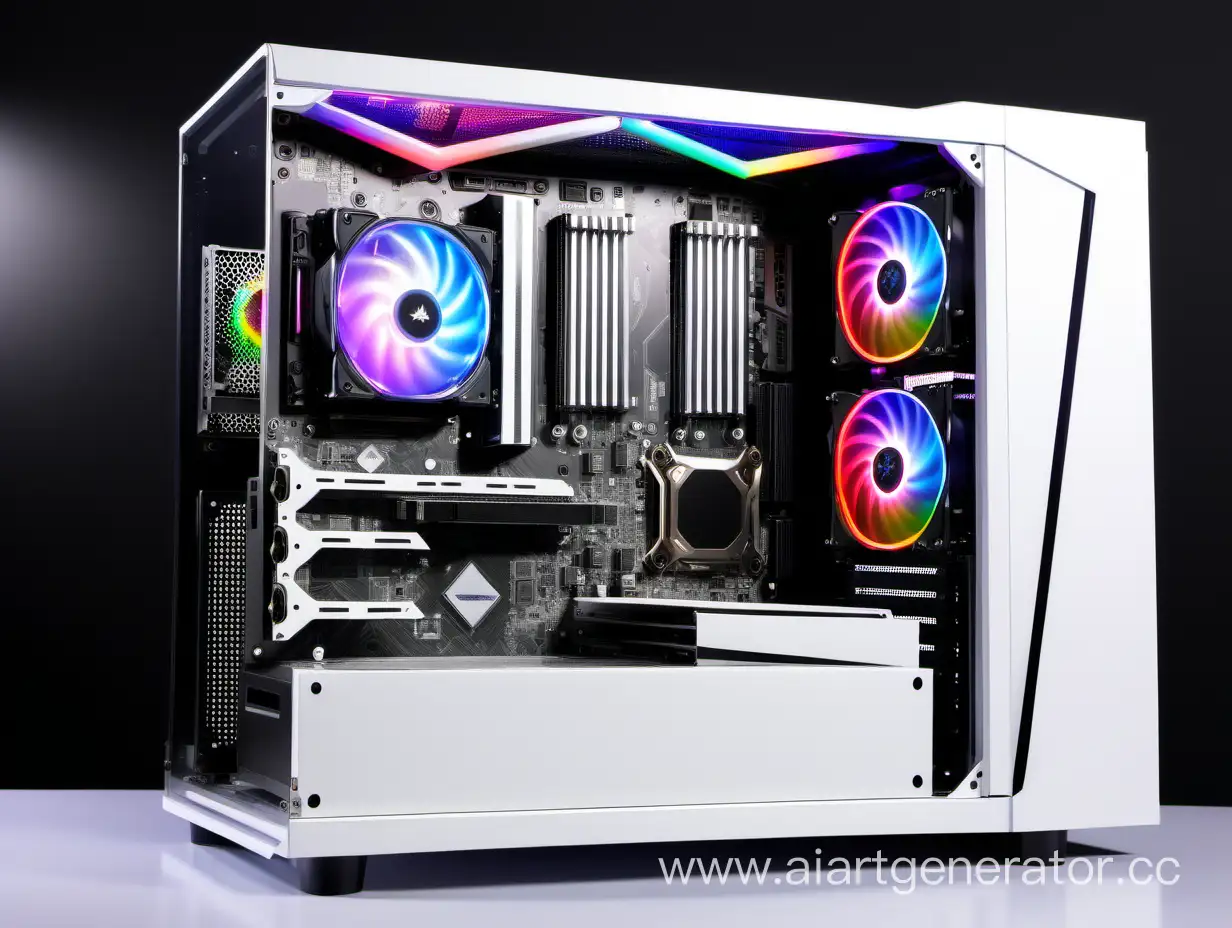Modern-Gaming-Setup-White-Computer-Case-with-RGB-Cooler-and-Graphics-Card-Displayed-on-Monitor