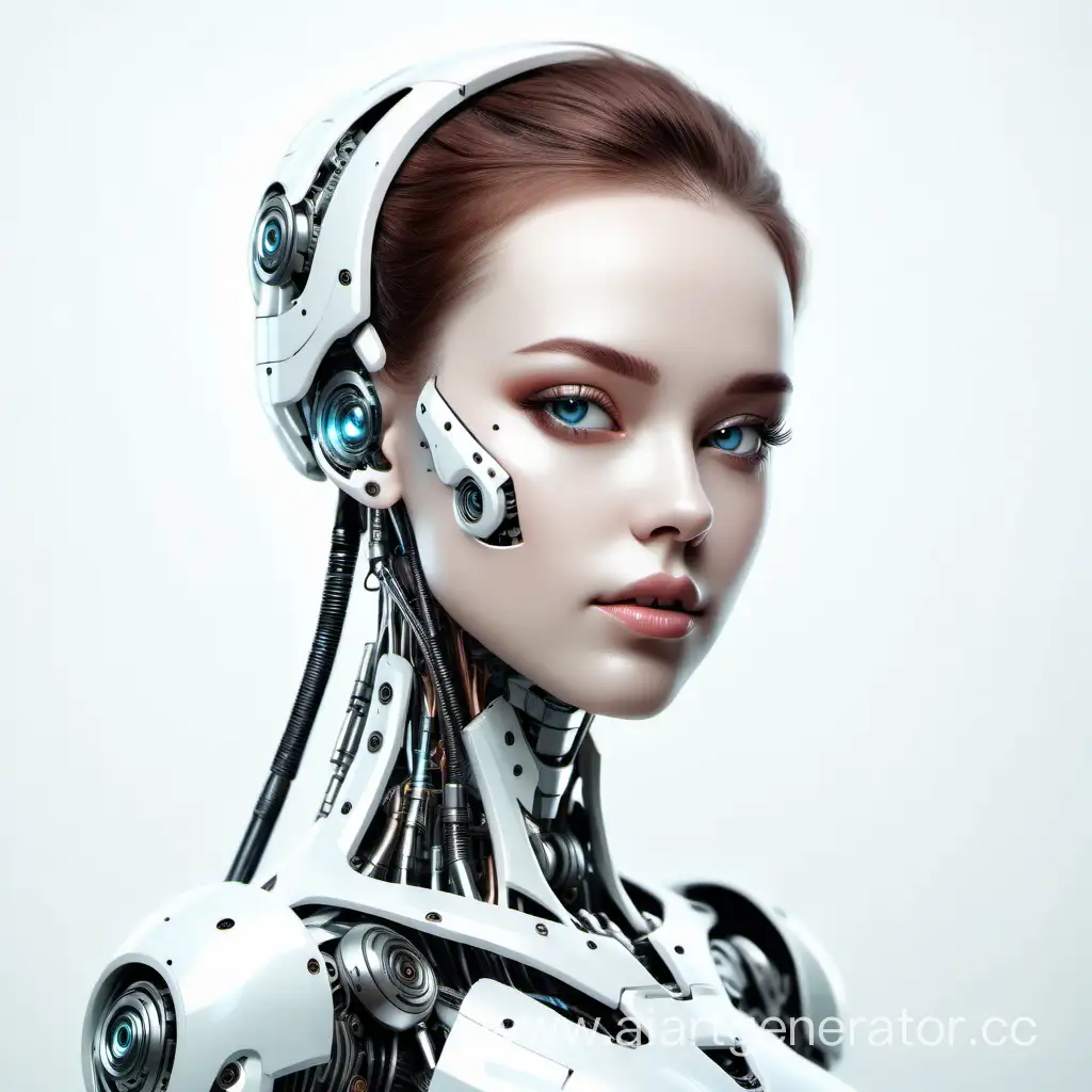 Портрет, красивая девушка робот, детально прорисовано лицо,  на белом фоне, во весь рост