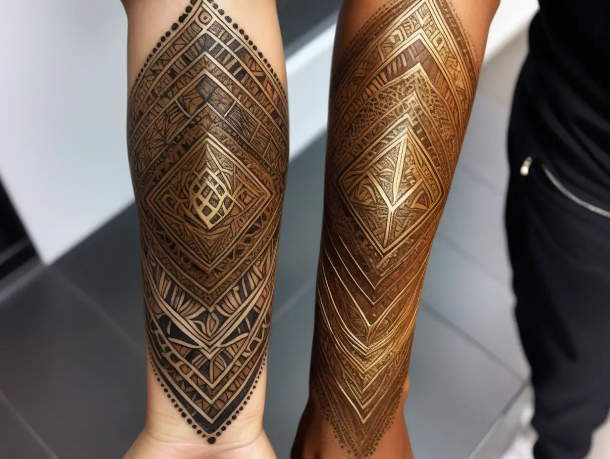 Intricately Detailed Matching Forearm Tattoos with Wakandan Runes in Gold Ink