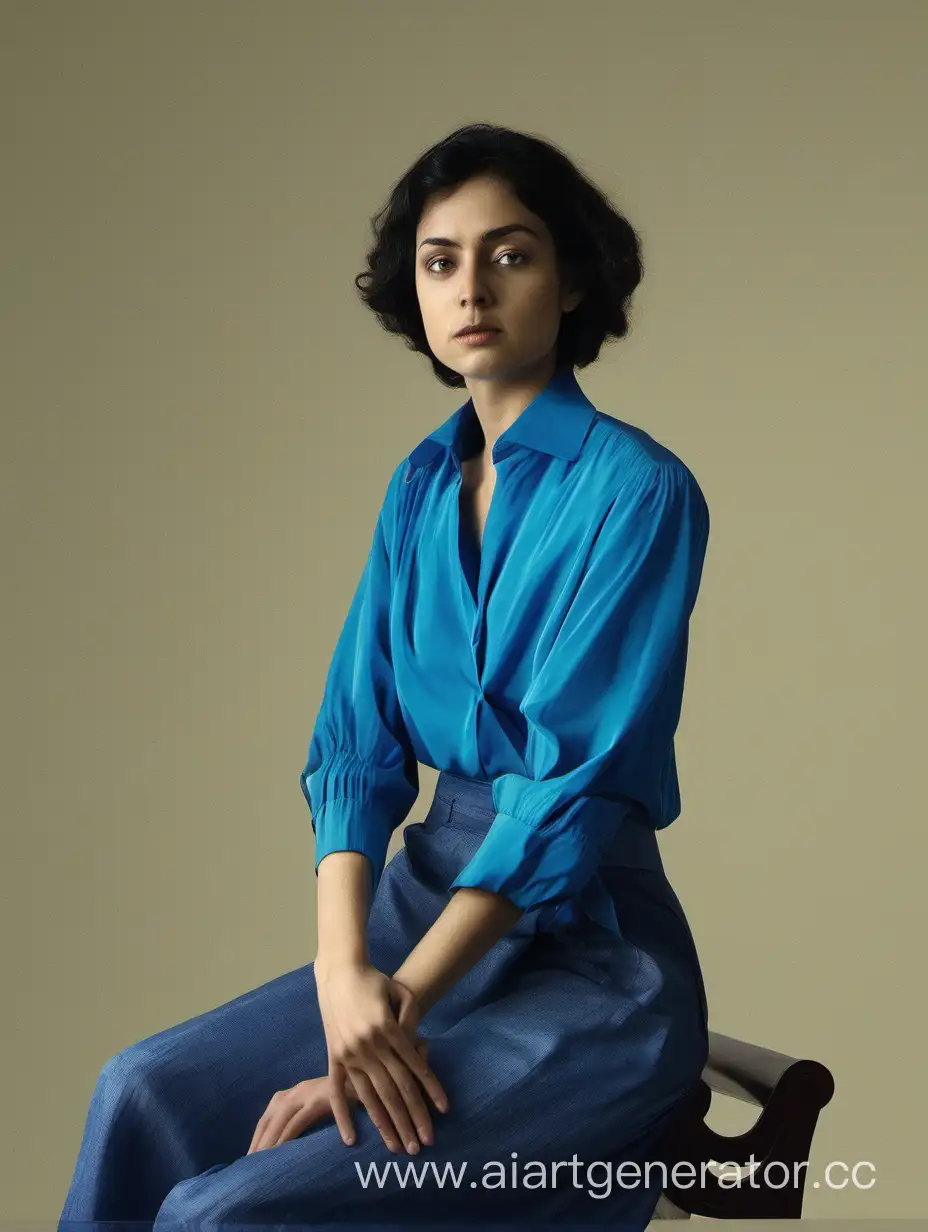 Женщина сидит полубоком в голубой блузке