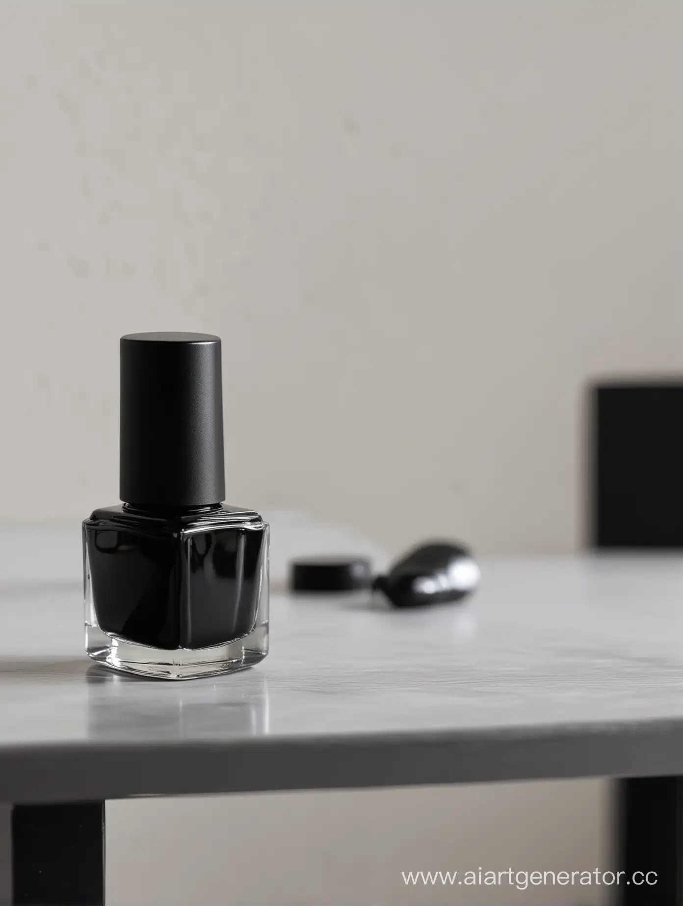 One black nail polish is on the table. There is a light wall on the background.