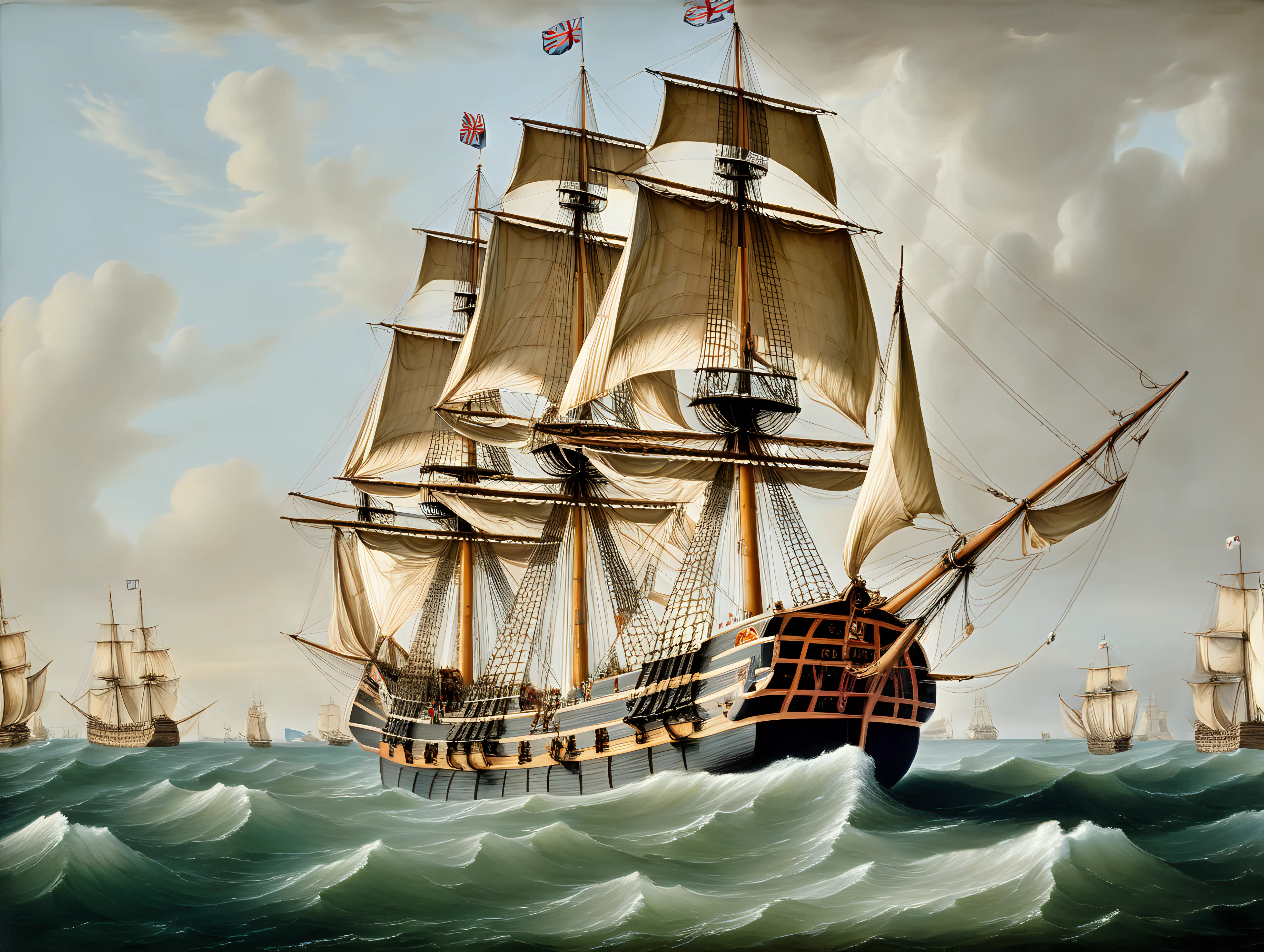 Colorful Depiction of a 1650s British Trading Ship at Sea