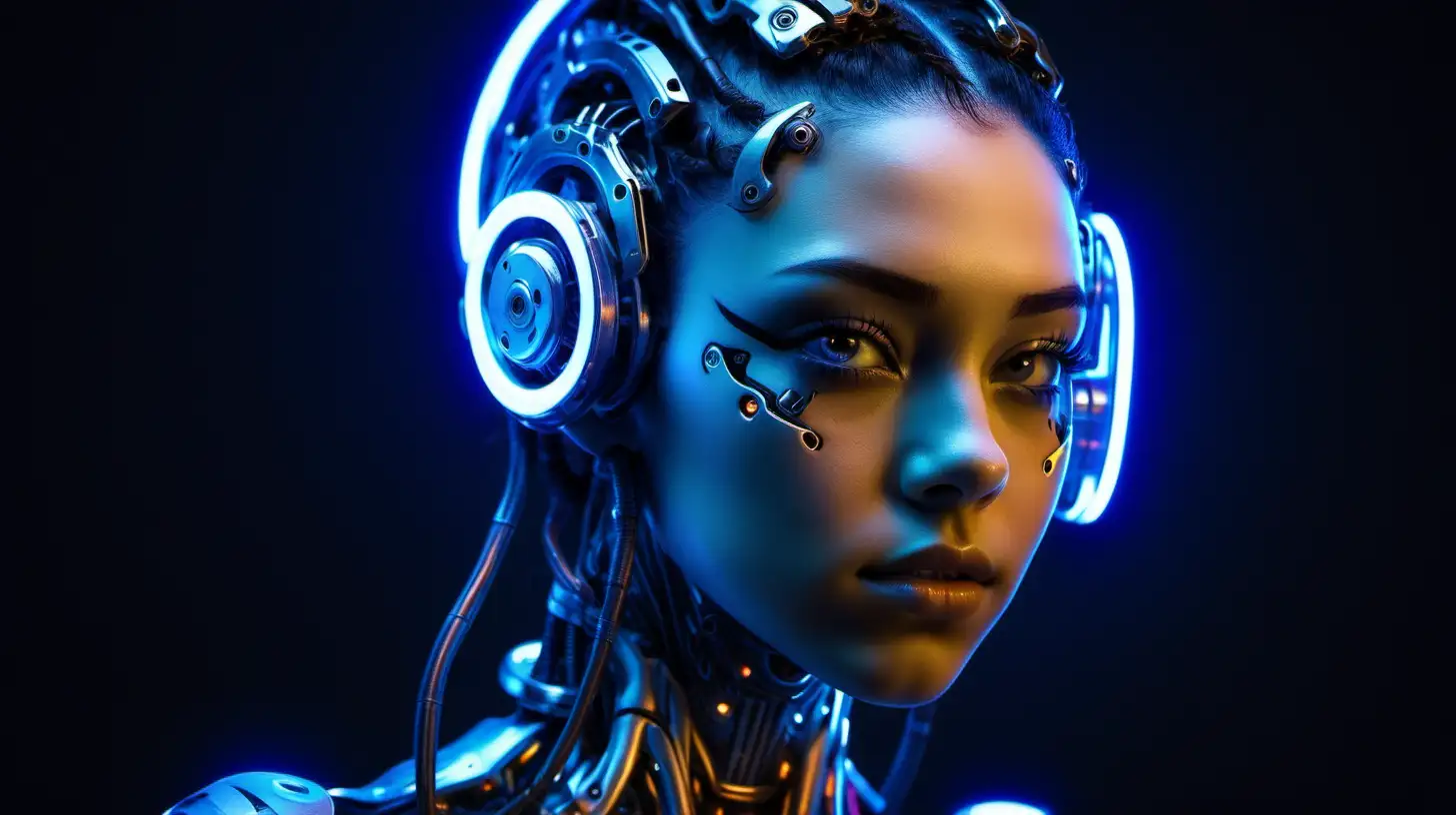 Cyborg woman, 18 years old. She has a cyborg face, but she is extremely beautiful.  She has beautifully-shaped ears. Neon lights. 