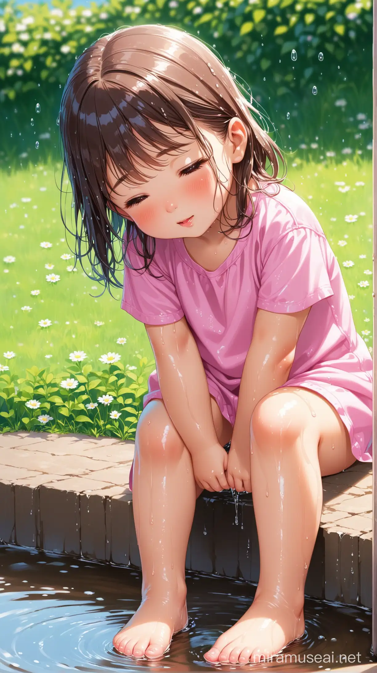 Adorable Little Girl with Wet Feet Playing Joyfully