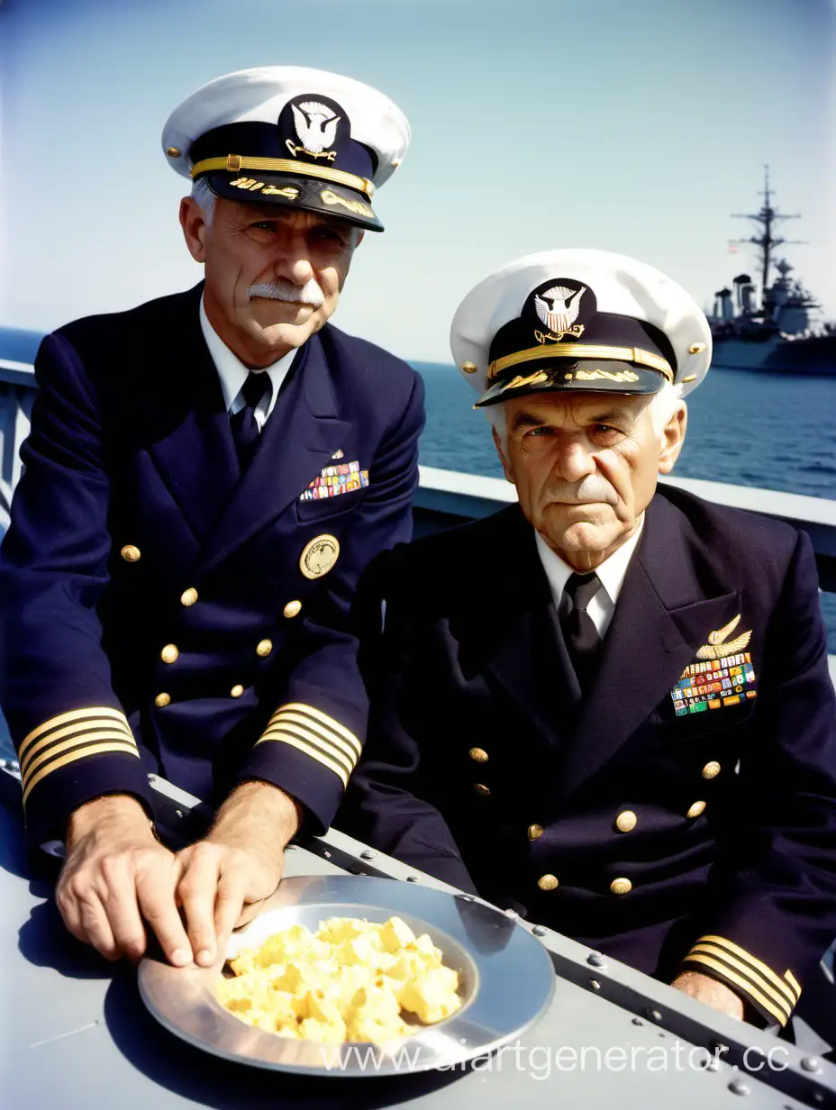 grizzled man, with us navy officer's cap with scrambled eggs on visor, sitting on bridge of battleship,  color photo