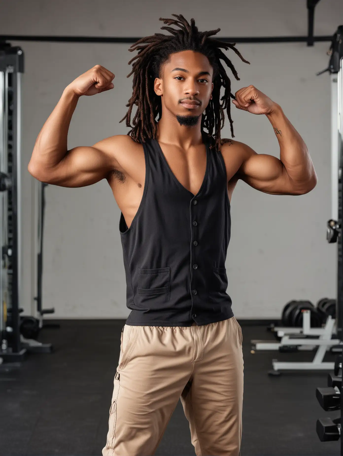 Handsome boy, African American, flexing his latissimus dorsi, saluting gesture, dreadlocks, in the gym, posing, wearing a vest, sexy figure, perfect muscles, facing the camera, professional photography technology, full body photo