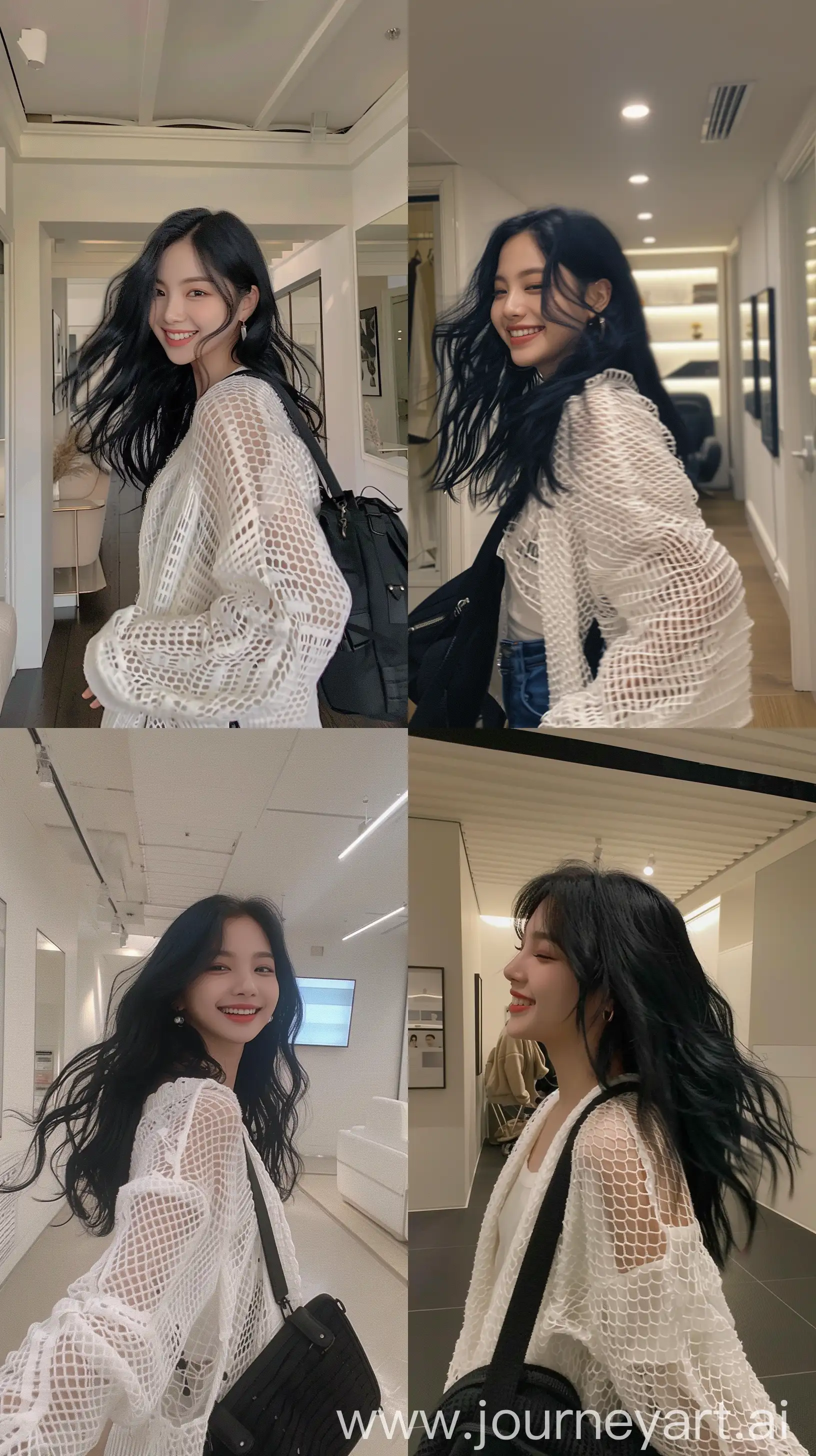 Blackpinks-Jennie-Smiling-Selfie-in-White-Net-Cardigan-and-Black-Shoulder-Bag