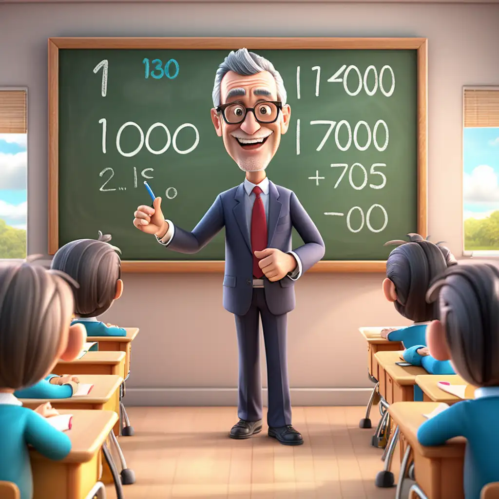Create a 3D illustrator of an animated scene of a middle aged, male teacher with number 1000 written on the board of a classroom. Beautiful and spirited background illustrations.