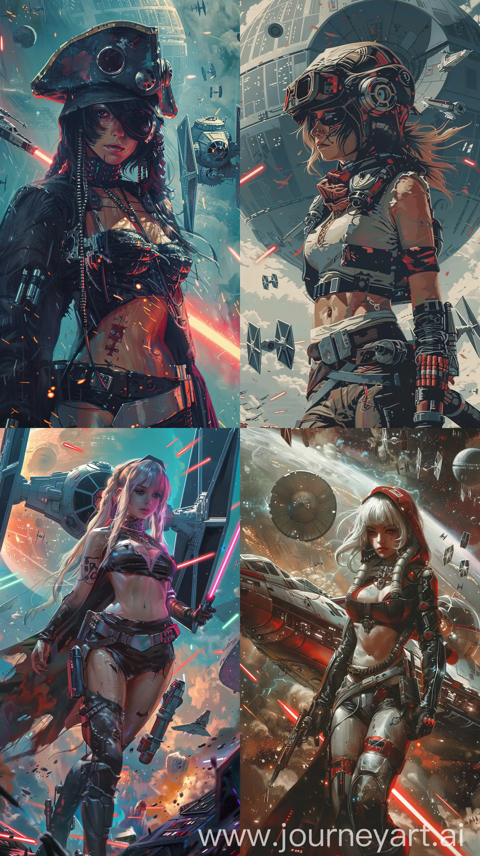Ultra detailed illustration of a cybergirl pirate an spaceship against the backdrop of the fantastic events of the Star Wars universe --ar 9:16 --v 6 --s 250