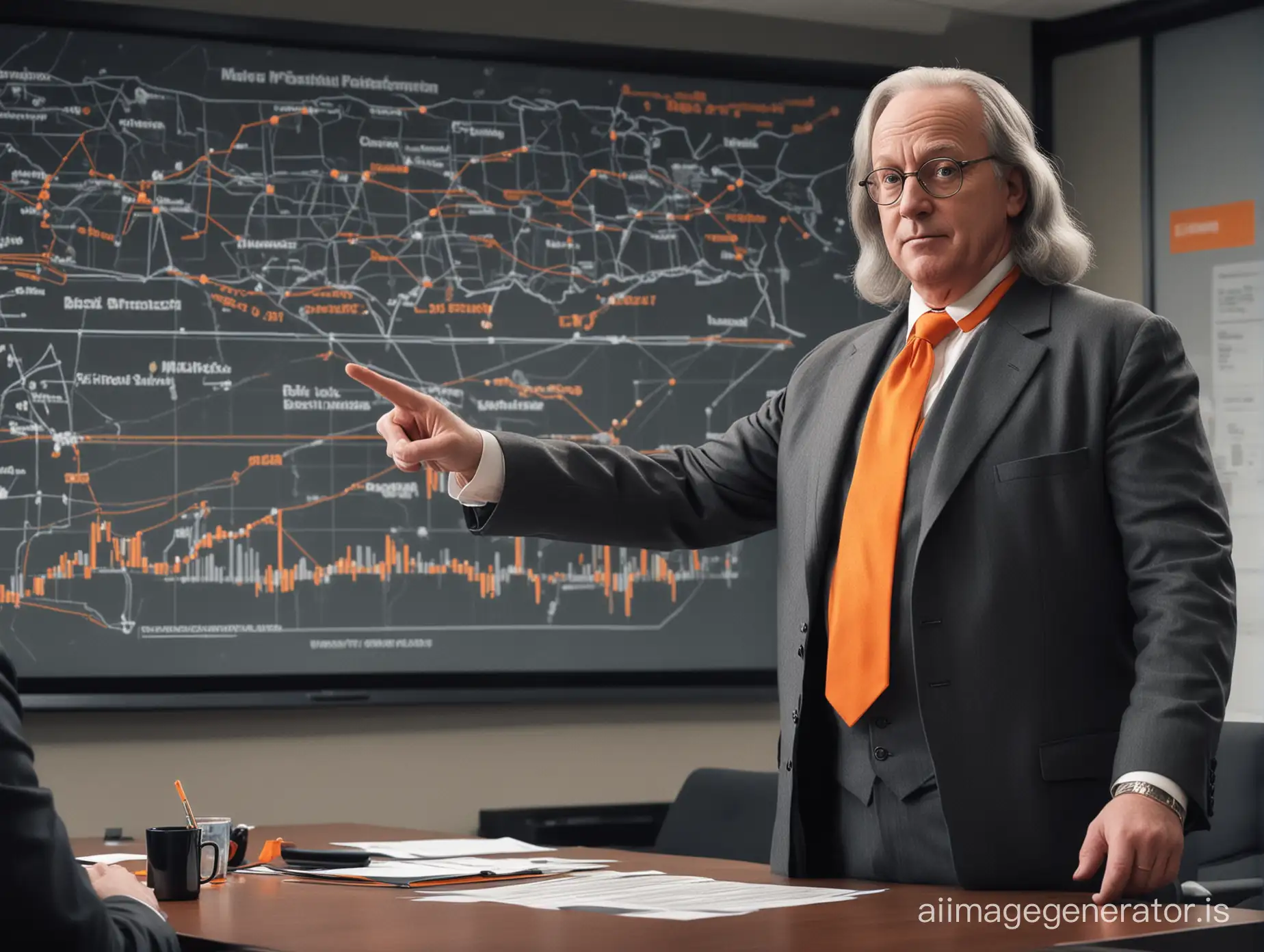 Ben Franklin, distant perspective, shoulder length gray hair, glasses, dark gray business suit, orange tie, modern conference room with other people, pointing to analytics with orange and gray graphics