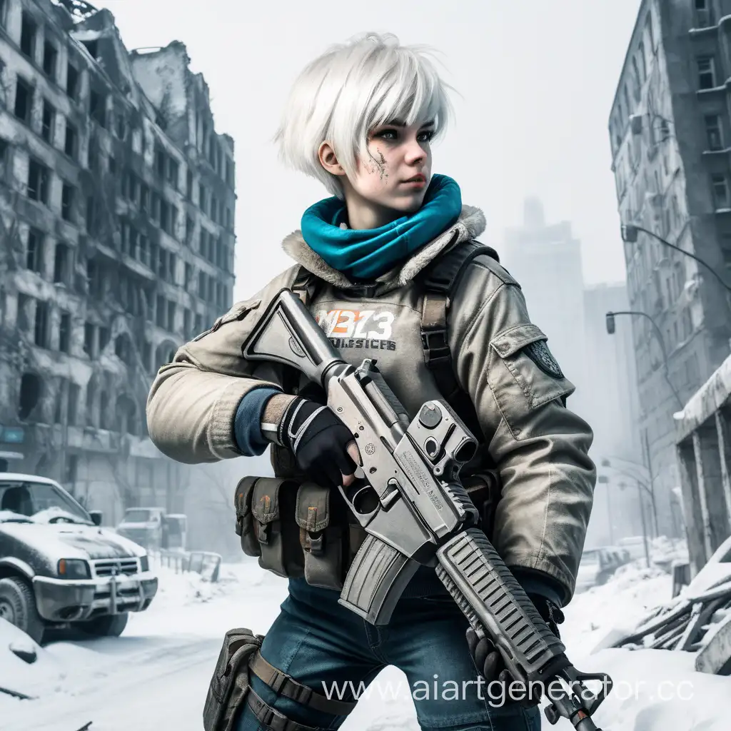 Девушка с короткими белыми волосами. Вооружена пистолетом. На фоне разрушенного заснежённого города. В стиле метро 2033 

