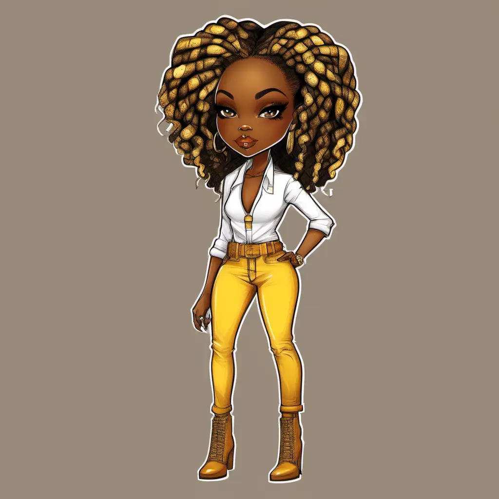 a charming chibi illustration of an African American woman. She should be styled in high-waisted, wide-leg trousers with a distressed yellow texture, paired with a fitted white blouse neatly tucked in and cinched at the waist with a wide belt. On her feet, she sports pointy-toe ankle boots with a striking snakeskin pattern in shades of yellow and white . Her hairstyle should feature braids with caramel highlights, 