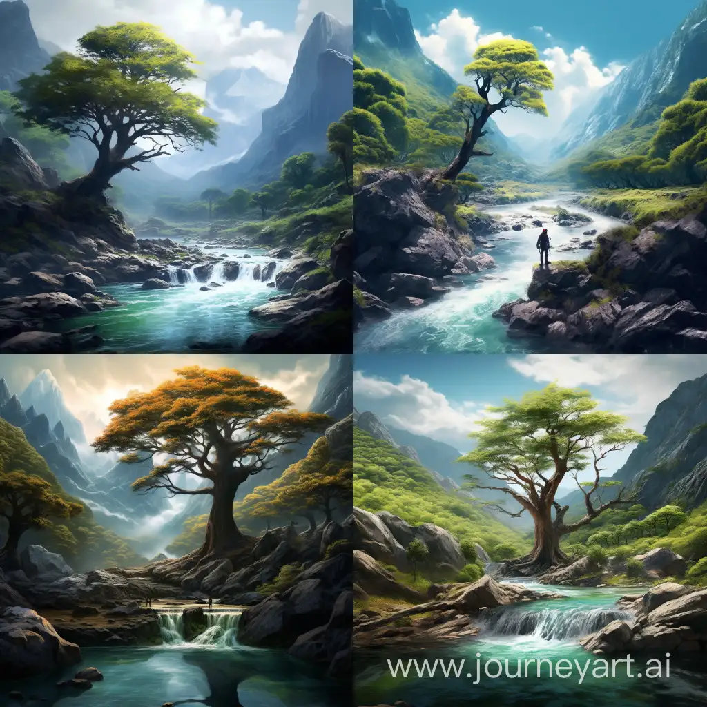 An ENT wading through a river in a gorgeous mountain landscape, digital painting,