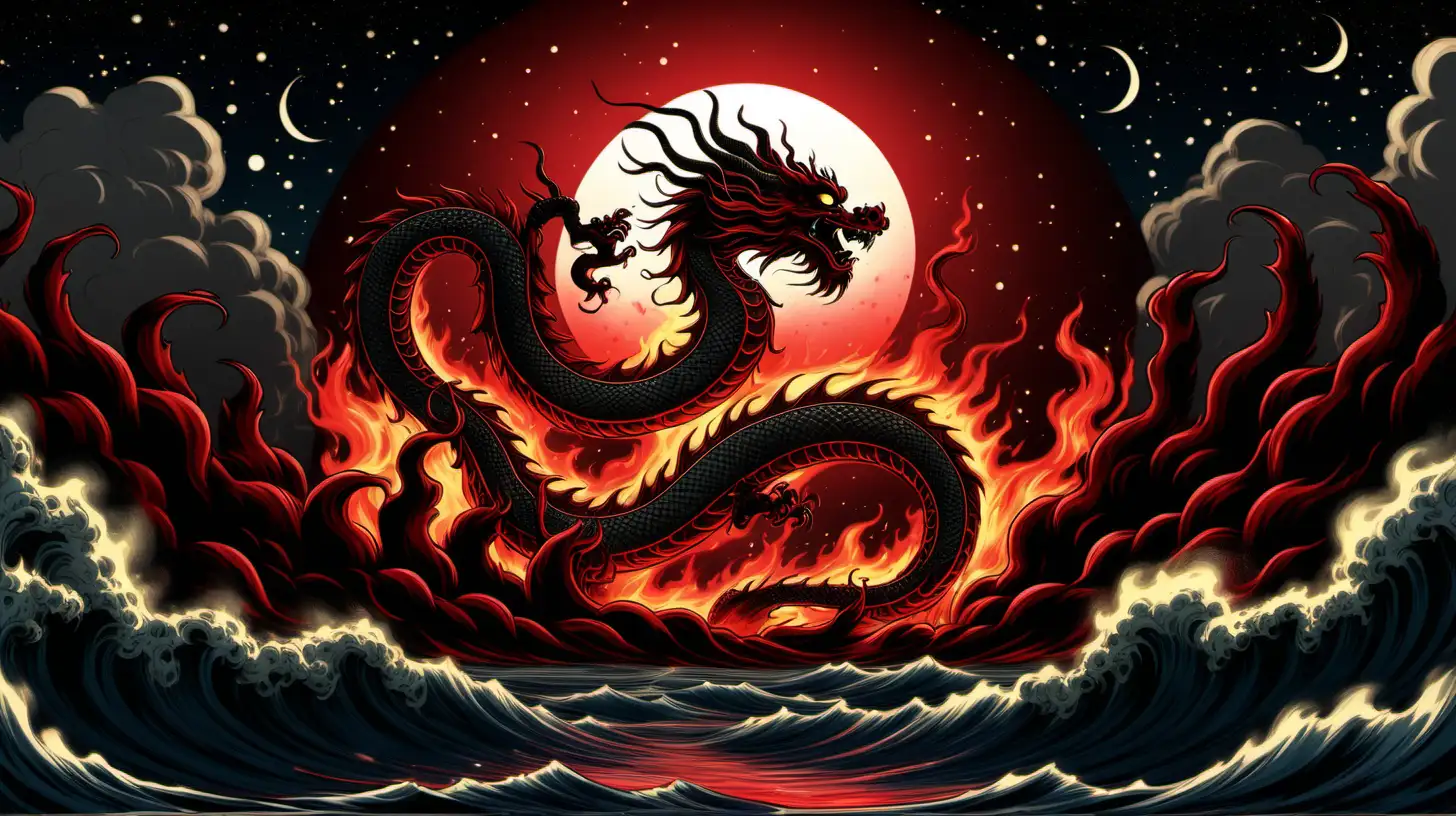 dark romantic, gothic cartoonish a Chinese dragon spewing fiery flames on water, silhouetted against a large crimson red moon in the background, night time, HDR lighting, many stars in the clear sky --v 6.0 --style raw --s 50