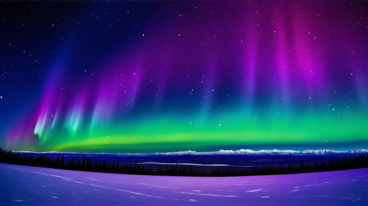 aurora skies, with stars in the sky, colorful blues, purples, greens, yellows and fuscia, with a flat horizon, no ground, no mountains, no snow, no trees, no trees, no mountains, no earth, only sky









