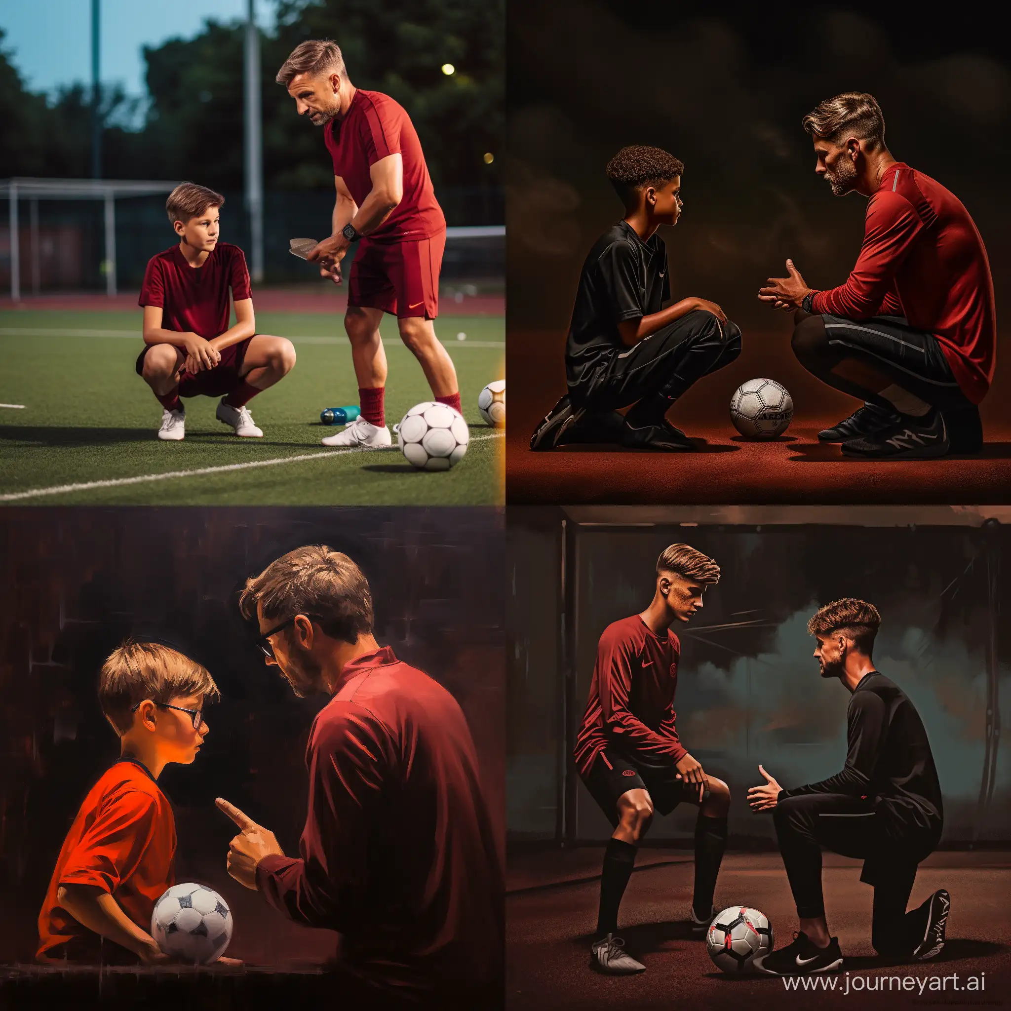 Футбольный тренер обучает юного игрока на индивидуальной тренировке в тёмно красных оттенках