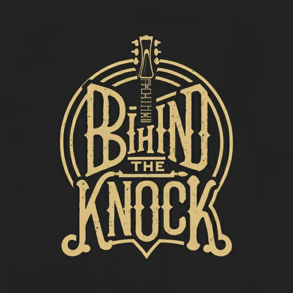 a logo design,with the text "BEHIND THE KNOCK", main symbol:Guitar,complex,be used in Entertainment industry,clear background