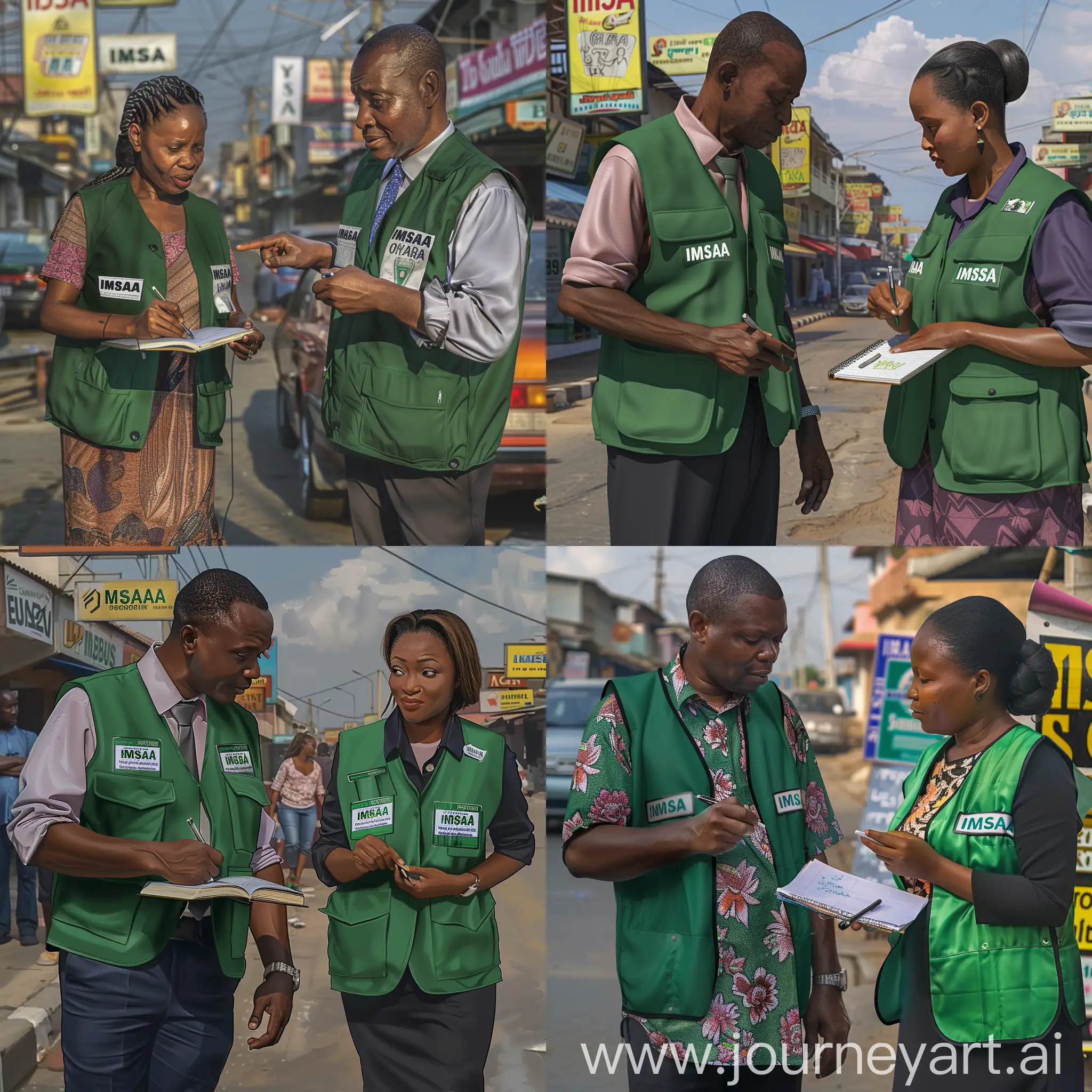 Create a photorealistic image of a Nigerian man and woman, professionally dressed but also wearing deep green plain identification vests on top of their clothes, standing on a street in Owerri Nigeria and counting business signage. Each green plain identification vest has IMSAA written on the front in small white letters. The woman is writing on a notebook while the man is pointing at the signage.