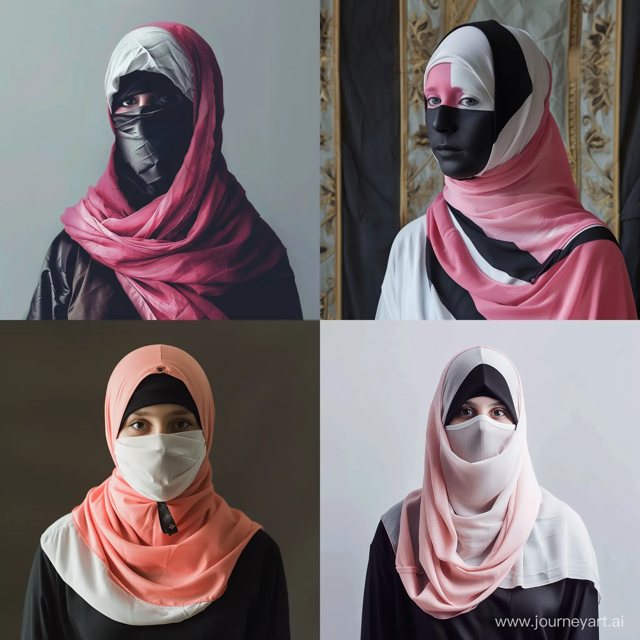 A freelance girl in a hijab without a face, pink, white and black