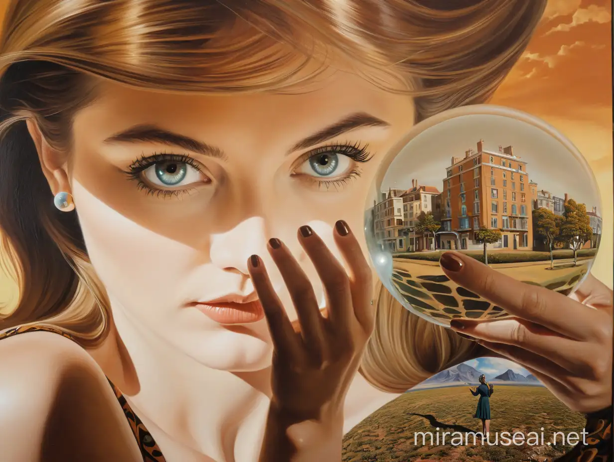 A photo-realistic surrealistic painting in the style of Jean Daprai.
It should contain a clairvoyant girl full size as foreground, facing toward us, in tight 60's style suite, the suite is in a 60's style,
in her hands she is holding the earth, instead of a crystal ball.