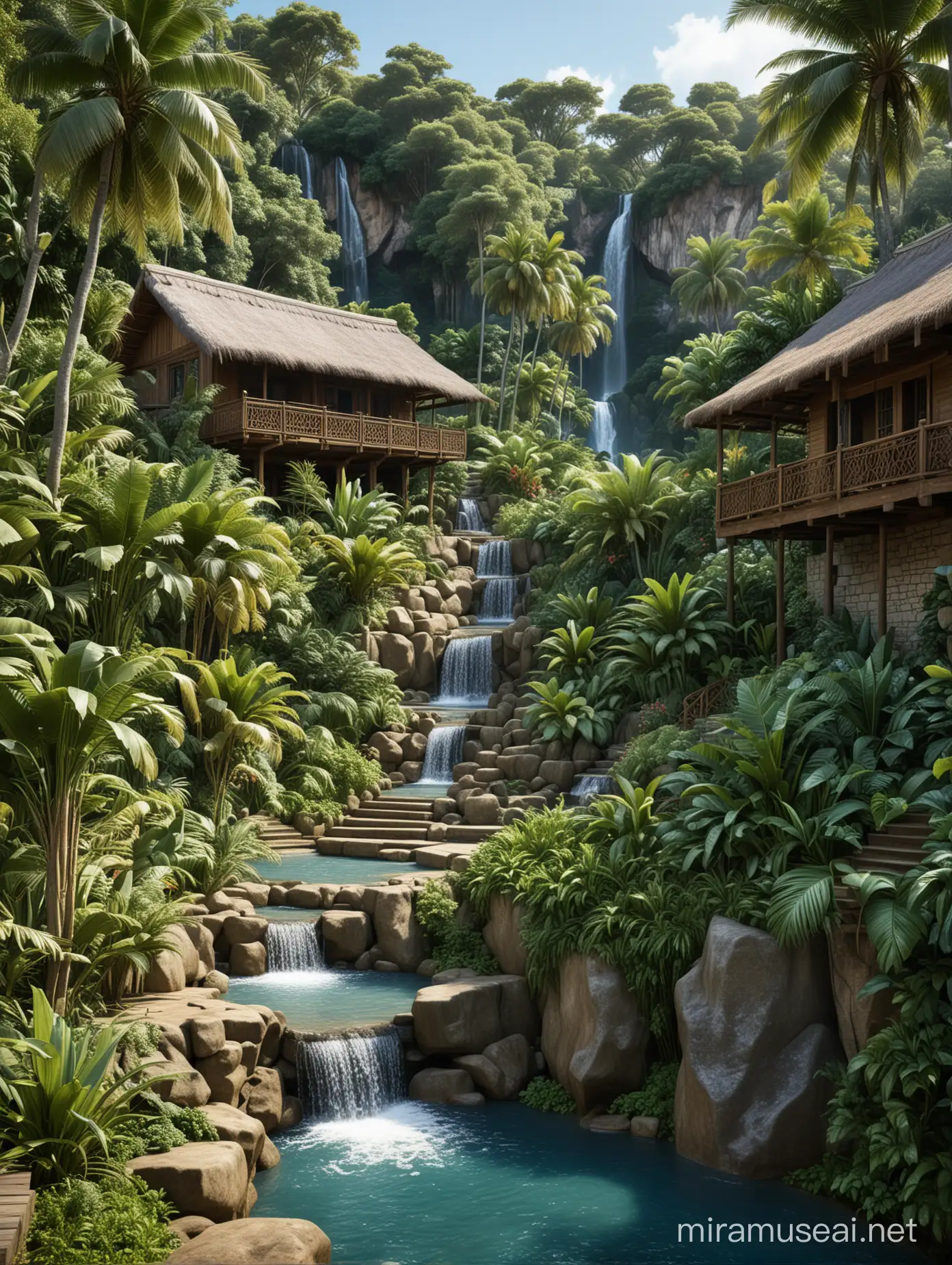 A hyper-realistic image of a traditional wooden house with a blue facade and thatched roof on the edge of a terrace, surrounded by lush greenery with palm trees and tropical plants, a waterfall cascading down amidst a thick tropical forest in the background, and a stone stairway carved into the hillside winding through the terraces.