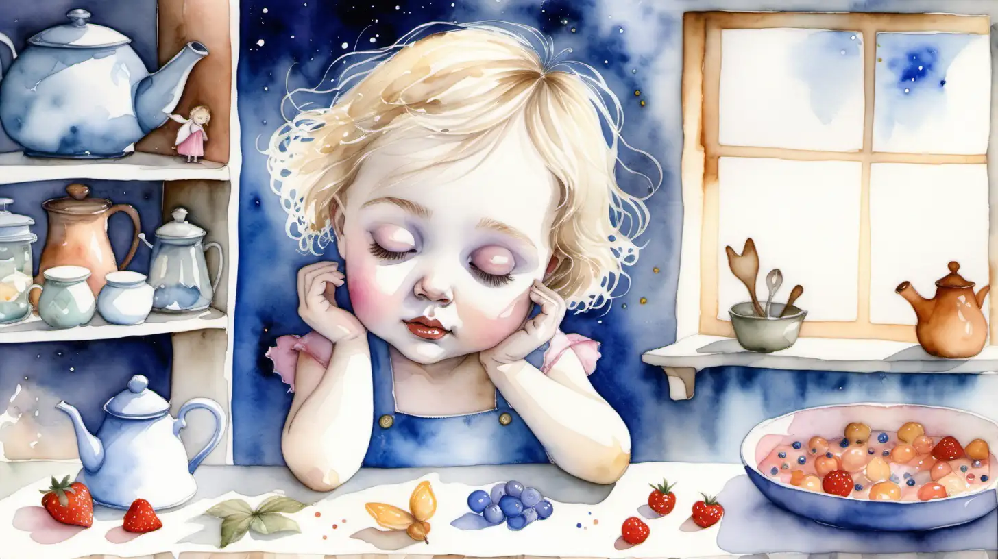 Enchanting Watercolor Fairytale Dreamy Baby Girl in a Fairy Kitchen