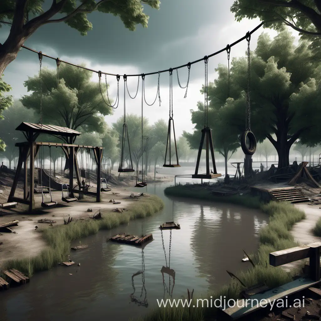 post apocalyptic public park with swings, trees and a river