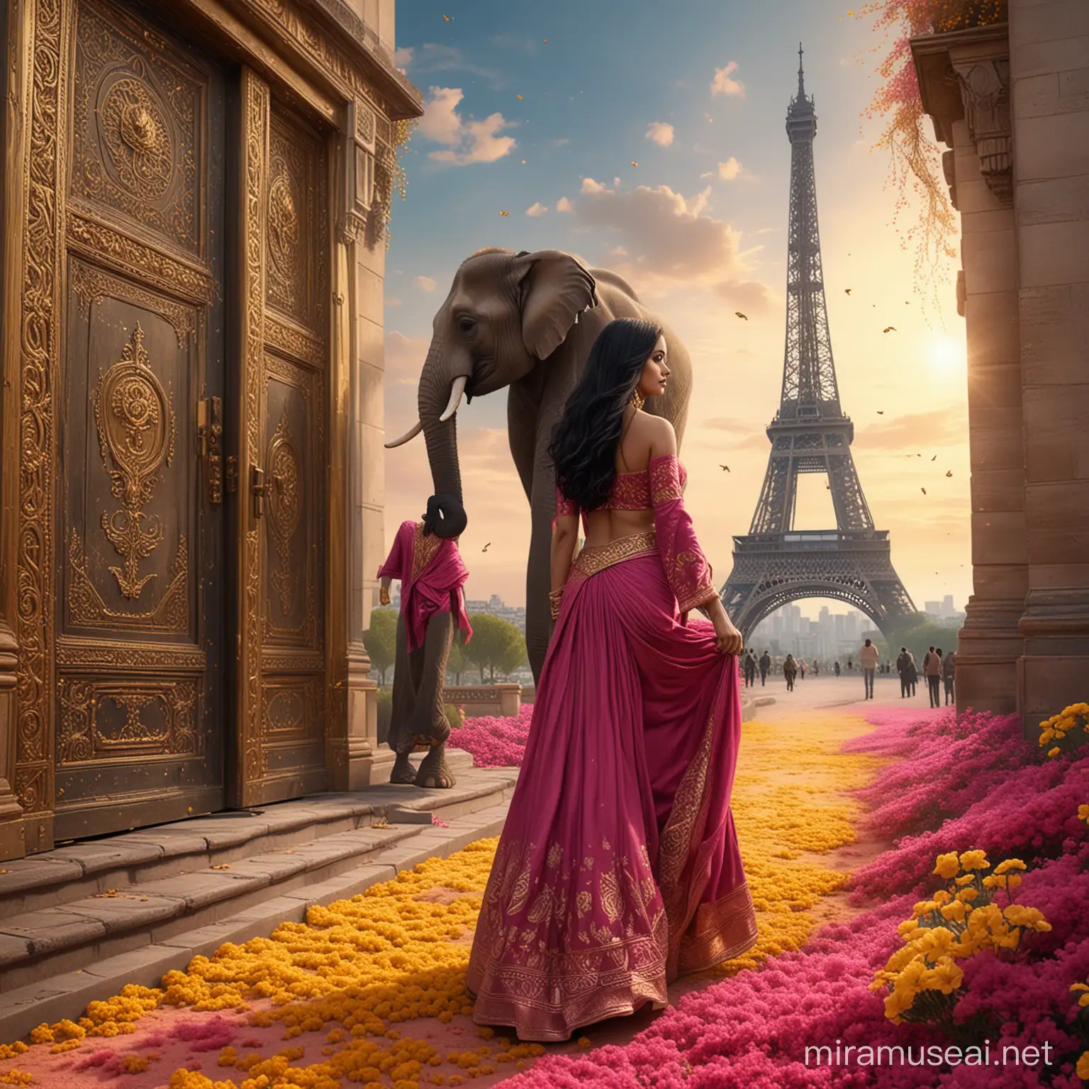 Elegant Woman Walking through Golden Arabian Door amidst Floral Splendor