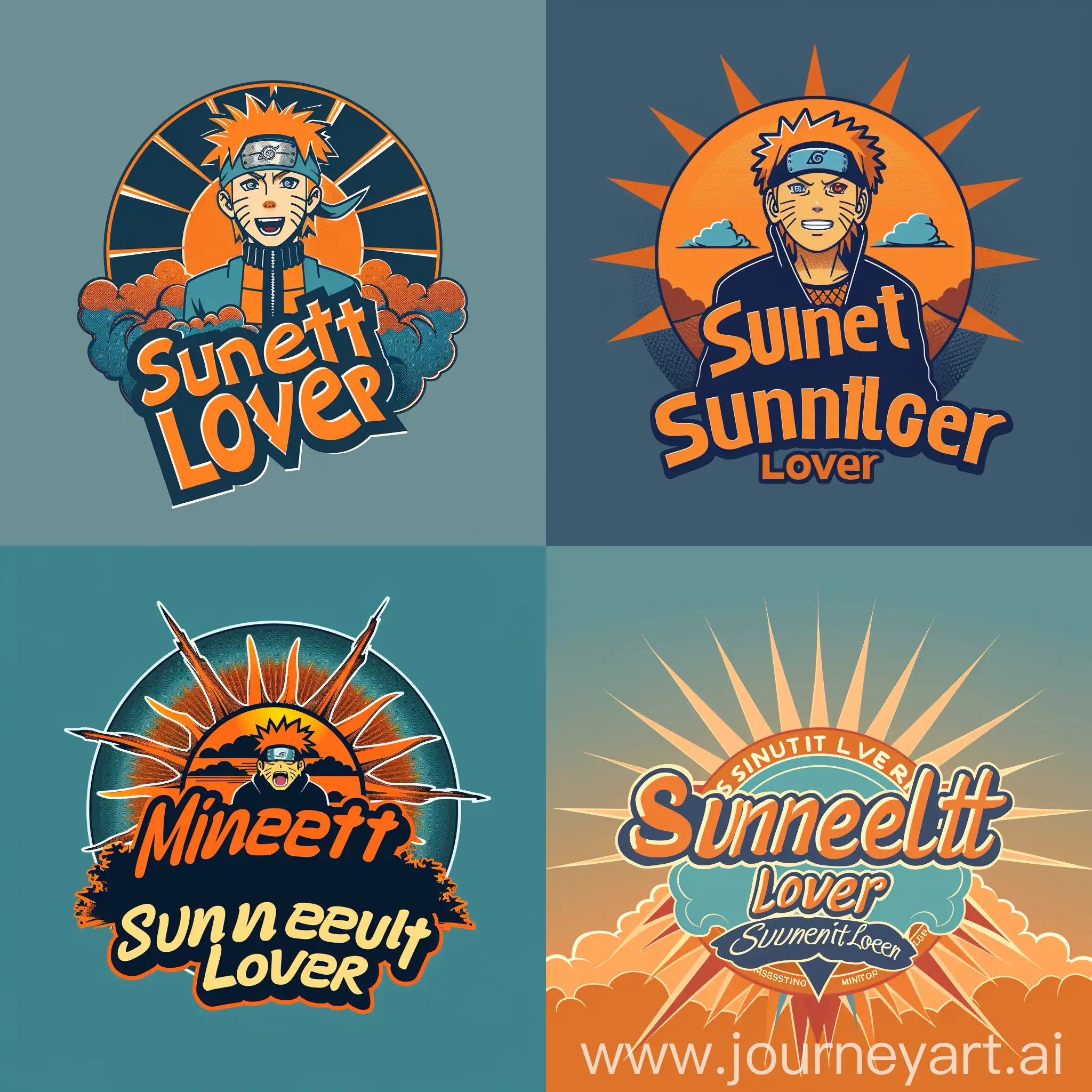 Логотип со словами "Sunset Lover" связанный с Минато, закат на фоне, закат символизирует время когда Минато использовал свои способности с помощью техники Rasengan, лучи солнца, цветовая палитра логотипа "Sunset Lover" оранжевые и голубые оттенки, которые напоминают о закате и небесах