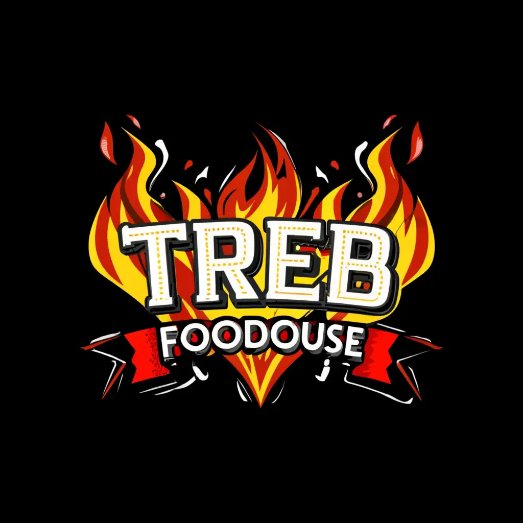 a logo design,with the text "Treb FoodHouse", main symbol:red, yellow and black realistic flames that engulf the letters that has splash art flame background,complex,be used in Restaurant industry,clear background